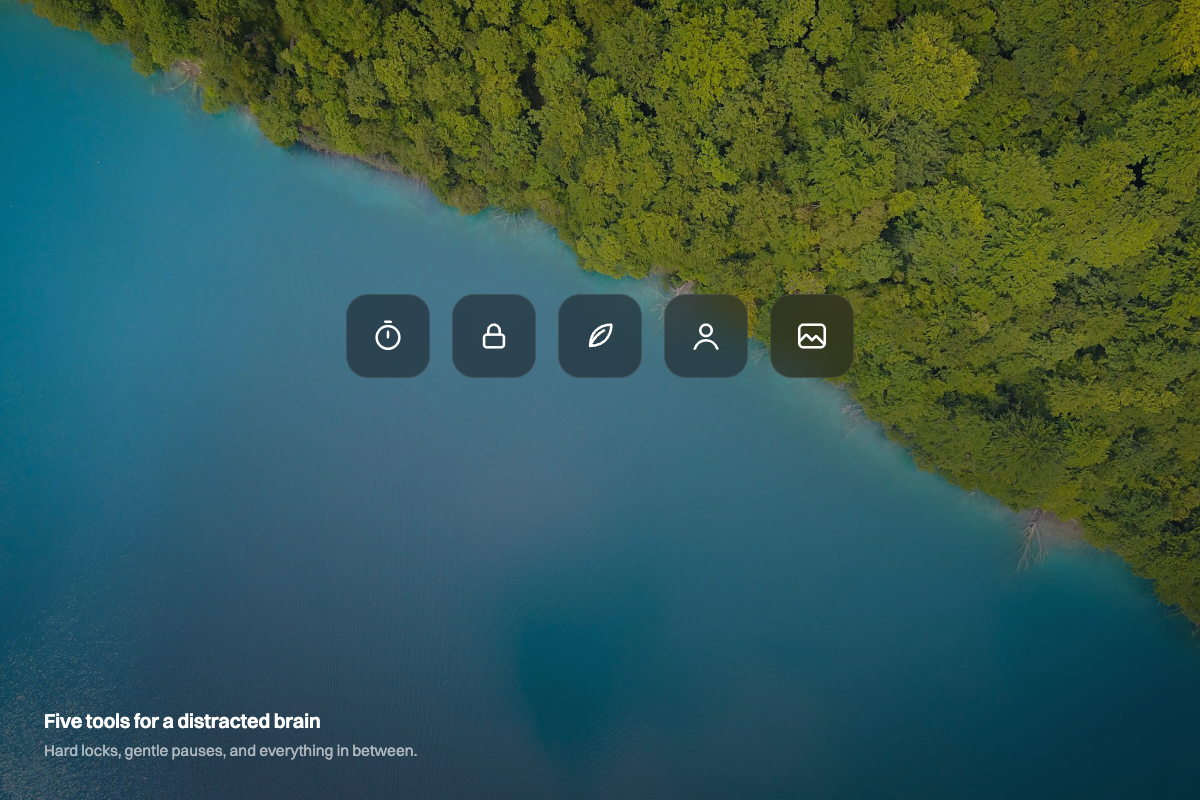 Five tool glyphs — timer, lock, leaf, pause, photo — in a row over a teal lake wallpaper, representing the five tools compared — illustration