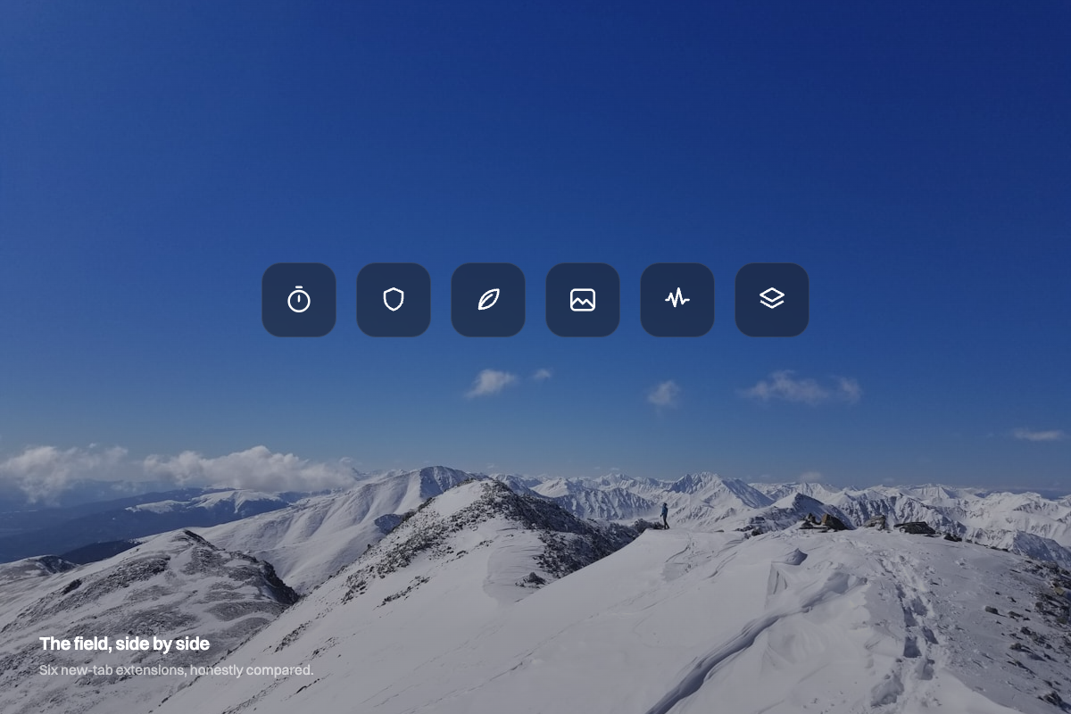 Six generic tool glyphs in a row over a snowy ridge wallpaper, representing the six extensions compared — illustration