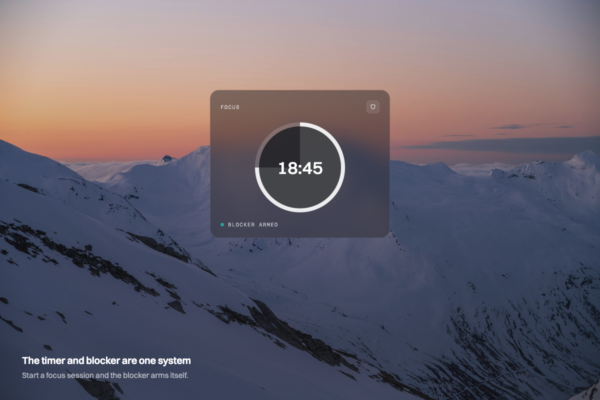 A Meelio-style focus timer mid-session with the blocker armed, over an alpine dusk wallpaper — illustration